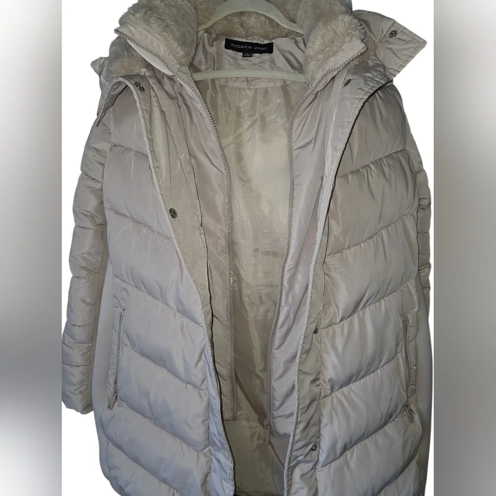 Andrew Marc Women's Faux Fur Hooded Puffer Long Coat Zipper Closure Snap Front - Picture 3 of 12